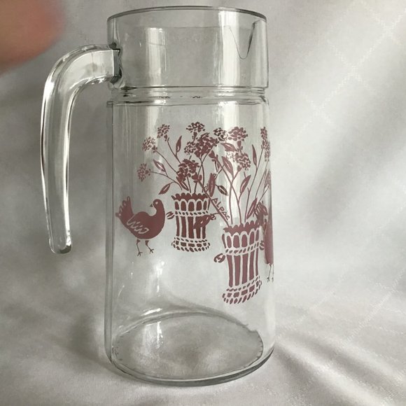 Vintage Glass Pitcher Made in France Pink  Graphics of Bird and Basket - Picture 4 of 6